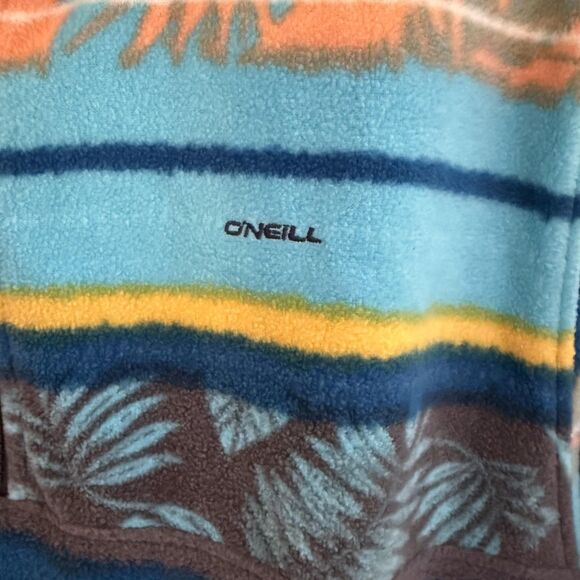 O'Neill Hoodie Mens Large Blue Fleece Quarter Zip Striped Tropical Surf Pullover - Picture 3 of 9